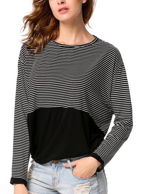 Romwe Long Sleeve Striped Dolman T-shirt