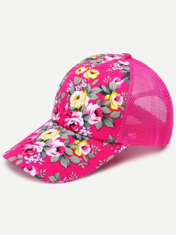 Romwe Floral Print Front Hot Pink Mesh Snapback Baseball Cap