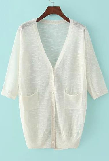 Romwe With Pockets Buttons Split Beige Cardigan