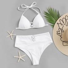 Romwe Criss Cross Ribbed High Waist Bikini Set