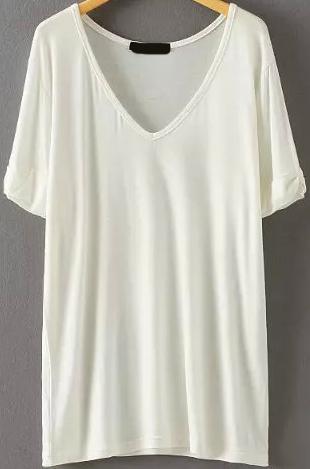 Romwe V Neck Loose White T-shirt