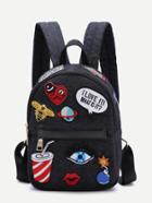 Romwe Black Zip Front Cartoon Patch Mini Backpack