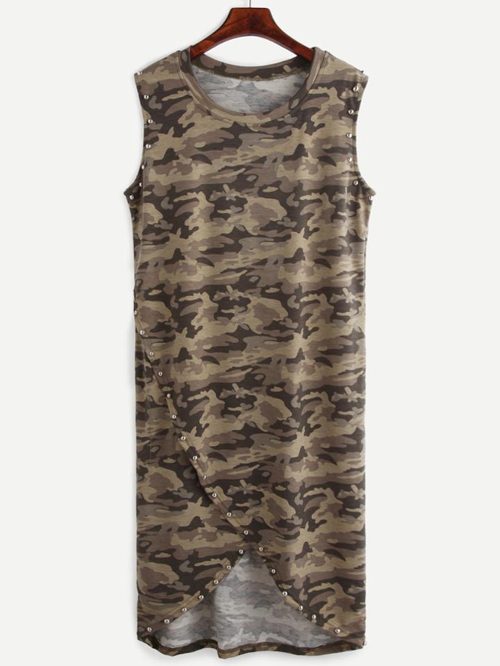 Romwe Camo Print Split Rivet Tee Dress