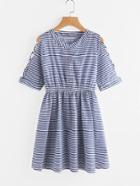 Romwe Open Shoulder Lattice Striped Dress