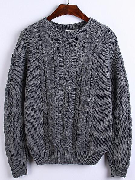 Romwe Round Neck Cable Knit Grey Sweater