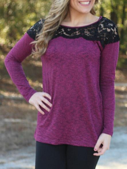 Romwe Lace Insert Purple Grey T-shirt