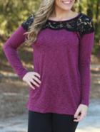 Romwe Lace Insert Purple Grey T-shirt