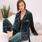 Romwe Letter Embroidered Velvet Cami Pj Set With Robe