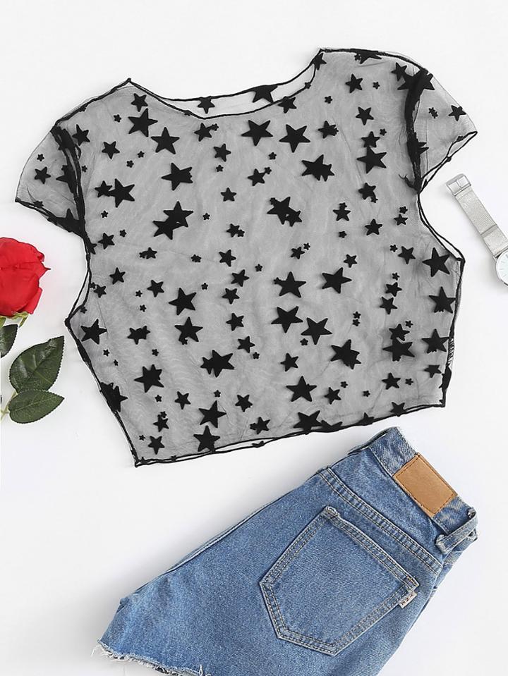 Romwe Sheer Mesh Star Crop Tee
