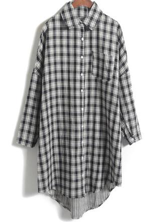 Romwe Check Print Dipped Hem Black Blouse