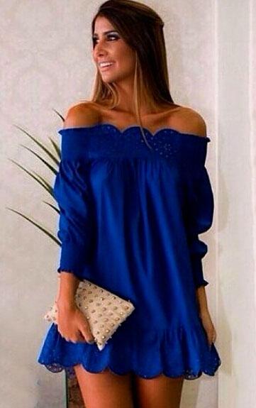 Romwe Blue Off The Shoulder Peplum Hem Dress
