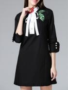 Romwe Black Tie Neck Embroidered Pleated Dress