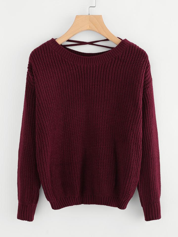 Romwe Drop Shoulder Criss Cross Textured Knit Sweater