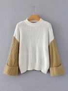 Romwe Contrast Foldover Sleeve Drop Shoulder Sweater