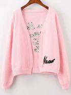 Romwe Letter Embroidered Pink Cardigan