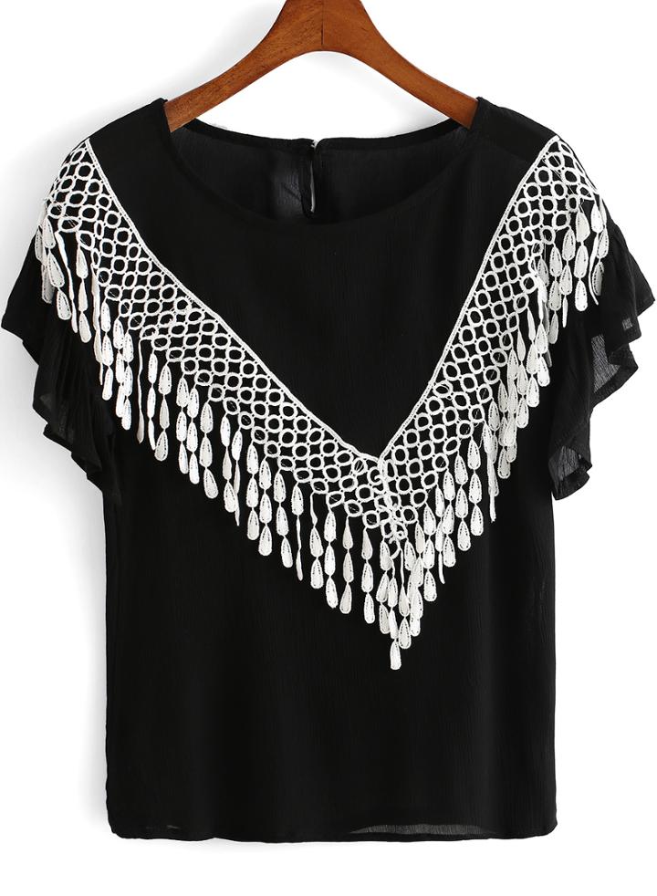 Romwe Black Ruffle Sleeve Tassel Loose Blouse