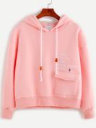 Romwe Pink Letter Embroidery Pocket Front Hooded Sweatshirt