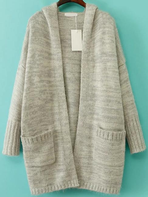 Romwe Hooded Shaggy Pockets Grey Coat