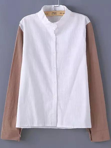 Romwe Contrast Sleeve Button-down Coffee Blouse
