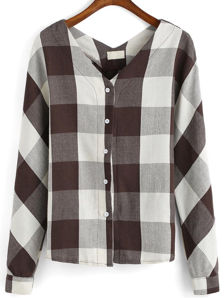Romwe V Neck Plaid Buttons Khaki Blouse