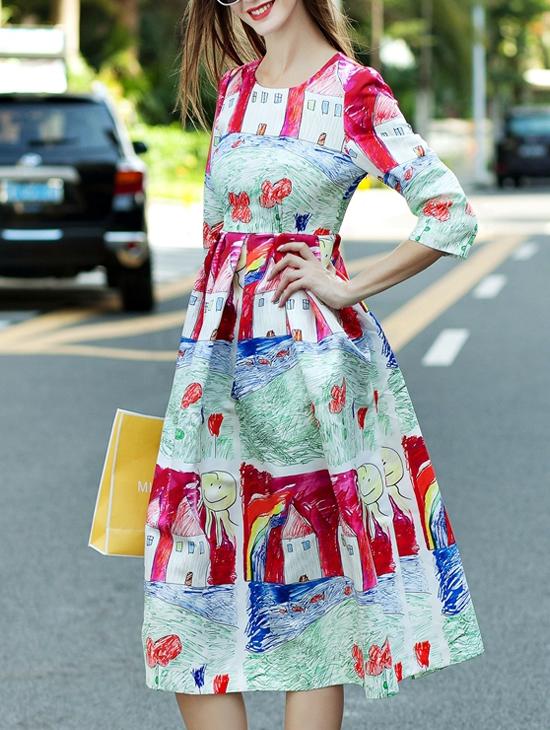 Romwe Red Round Neck Length Sleeve Cartoon Print Dress