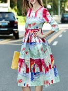 Romwe Red Round Neck Length Sleeve Cartoon Print Dress