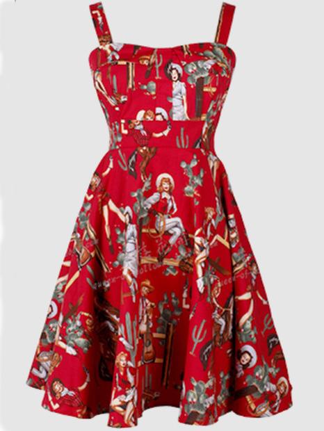 Romwe Vintage Print Wide Strap Dress - Red