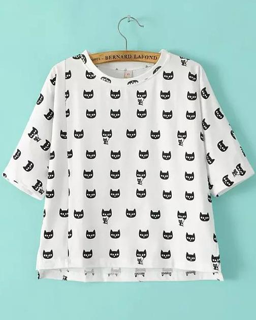 Romwe White Short Sleeve Cats Print Split T-shirt