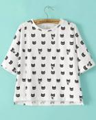 Romwe White Short Sleeve Cats Print Split T-shirt