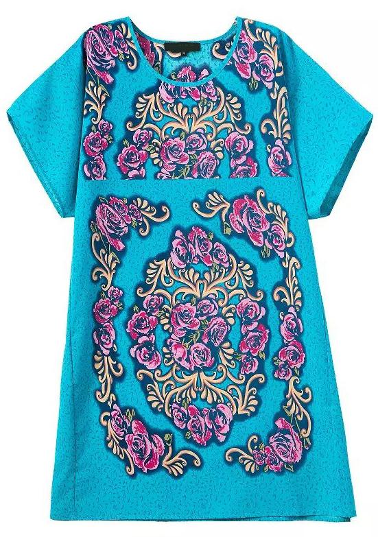 Romwe Blue Round Neck Vintage Floral Loose Dress