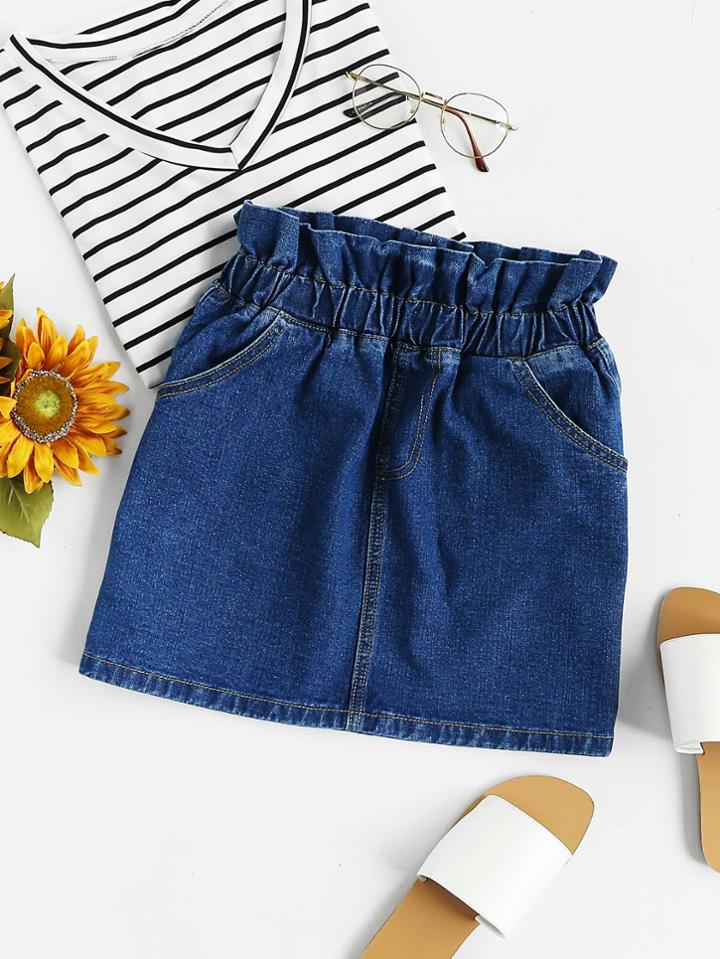 Romwe Gathered Waist Faux Fly Denim Skirt