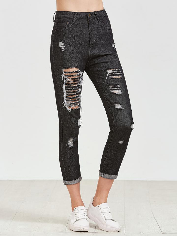 Romwe Black Skinny Ripped Cuffed Jeans