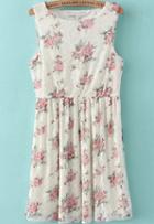 Romwe Rose Print Lace White Dress