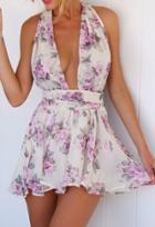 Romwe White Halter Deep V Neck Floral Chiffon Jumpsuit