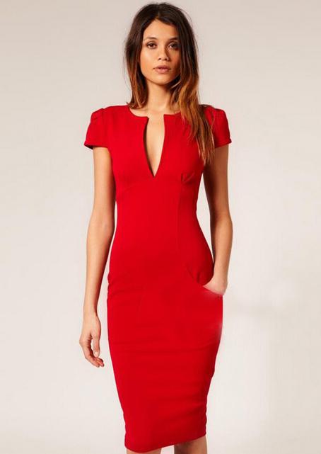 Romwe V Neck Split Pencil Red Dress