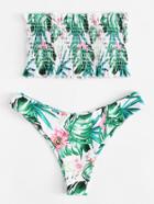 Romwe Tropical Print Frill Trim Shirred Bikini Set