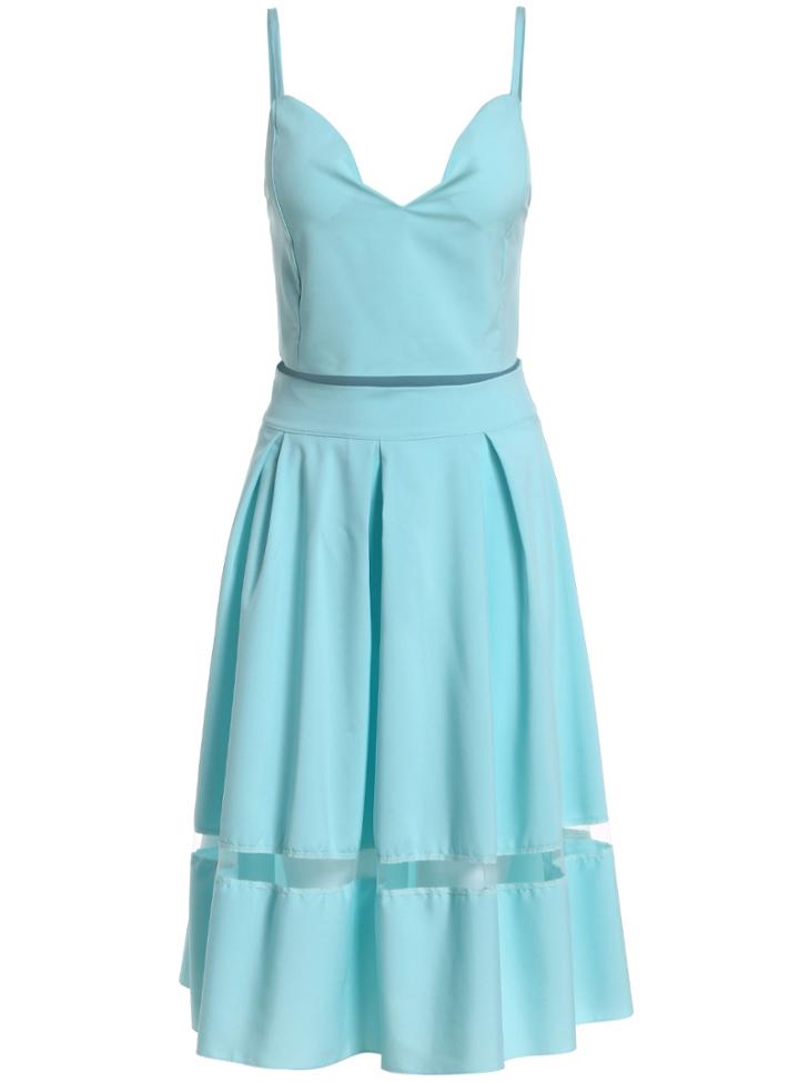 Romwe Spaghetti Strap Cami Top With Contrast Mesh Pleated Blue Skirt