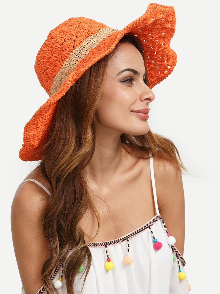 Romwe Orange Vacation Large Brimmed Hat