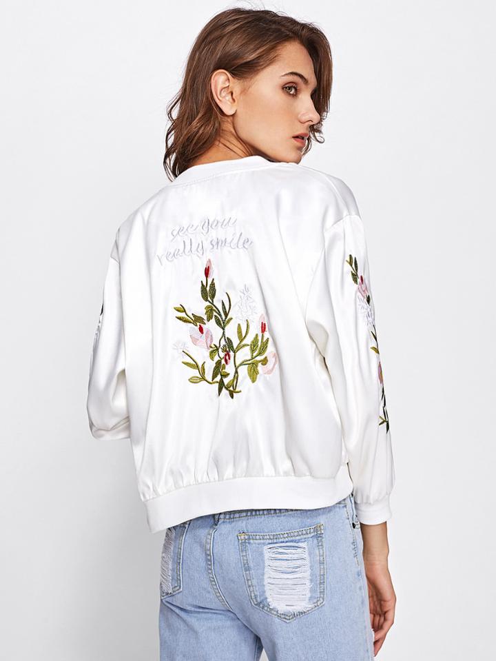 Romwe Satin Ribbed Trim Embroidered Jacket