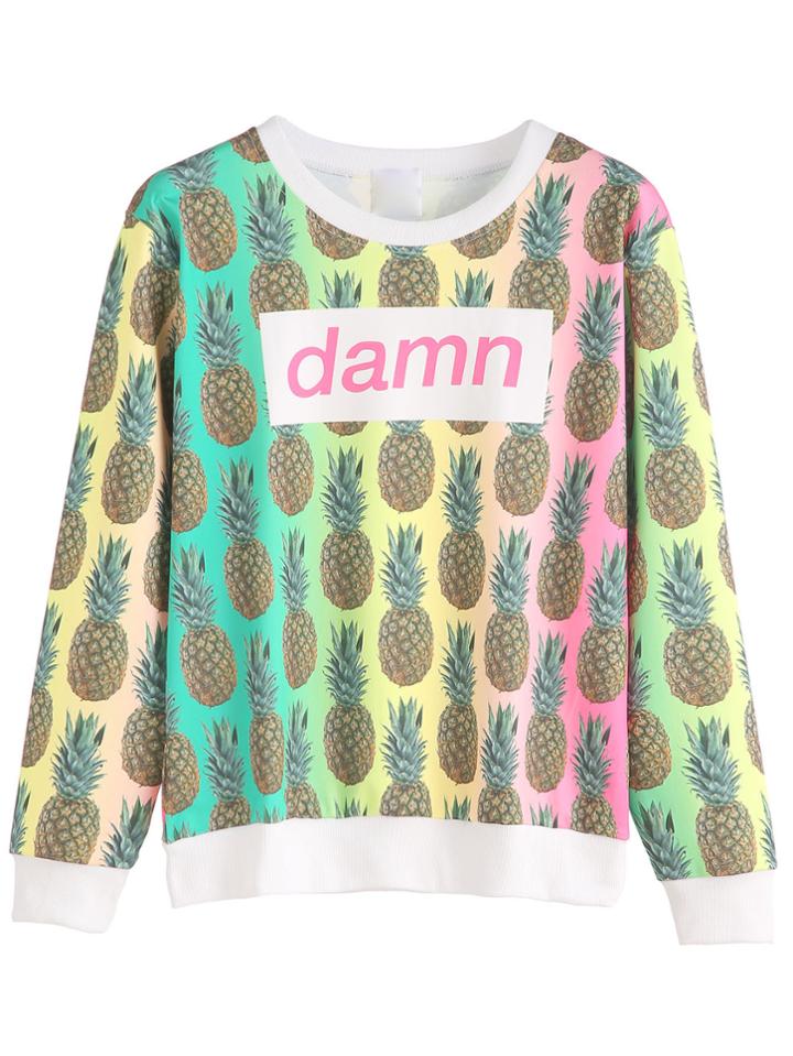 Romwe Contrast Trim Pineapple And Letter Print Sweatshirt