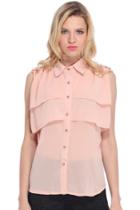 Romwe Sleeveless Layered Ruffle Chiffon Pink Shirt