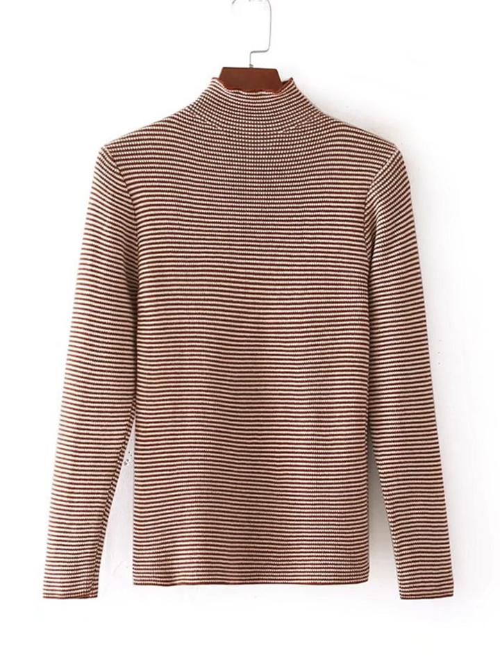 Romwe Stand Collar Striped Knitwear