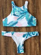 Romwe Turquoise Tropic Print Cut Out Bikini Set