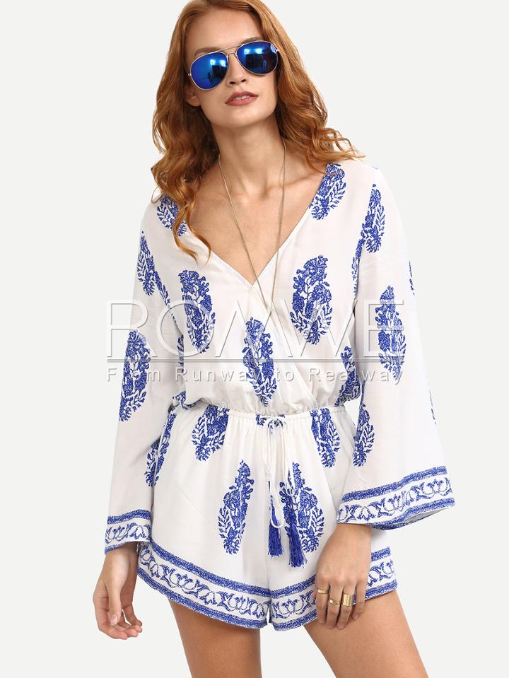 Romwe Multicolor V Neck Long Sleeve Print Jumpsuit