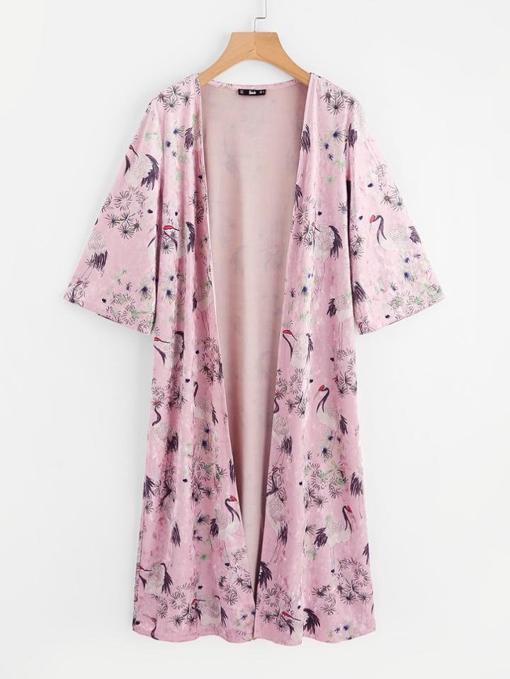 Romwe Crane Bird Print Crushed Velvet Duster Coat
