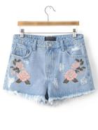 Romwe Light Blue Flower Embroidery Raw-edged Cut Pockets Shorts