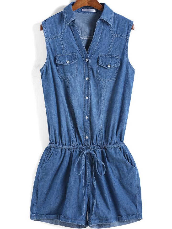 Romwe Blue Lapel Sleeveless Drawstring Waist Denim Jumpsuit