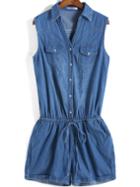 Romwe Blue Lapel Sleeveless Drawstring Waist Denim Jumpsuit