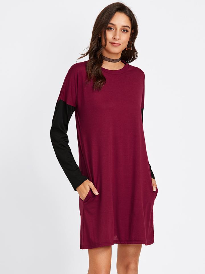 Romwe Contrast Sleeve Drop Shoulder Tee Dress