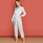 Romwe Button Front Waist Belted Collar Jumpsuit